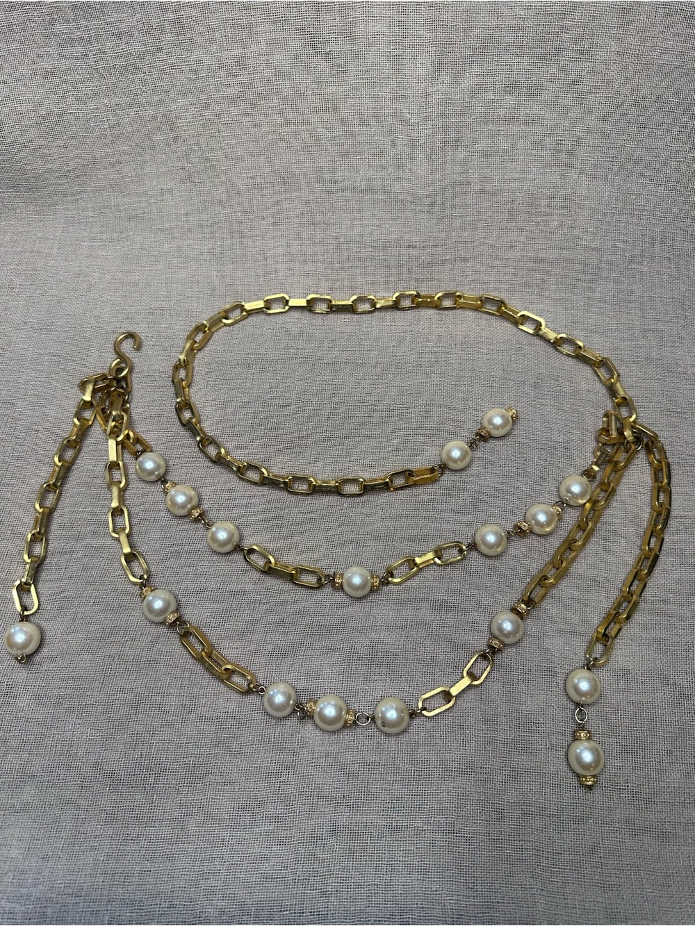 Vintage 80s Gold Chain Belt Faux Pearl Swag Link Boho Adjustable Necklace